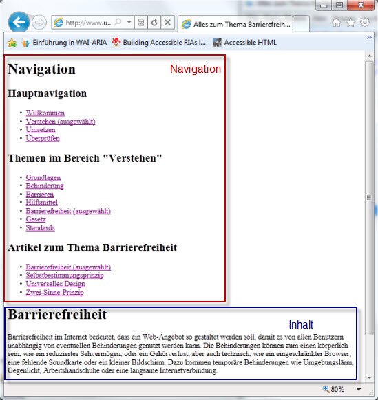 Screenshot der Navigation dieser Webseite, wie sie ohne CSS und JavaScript dargestellt wird